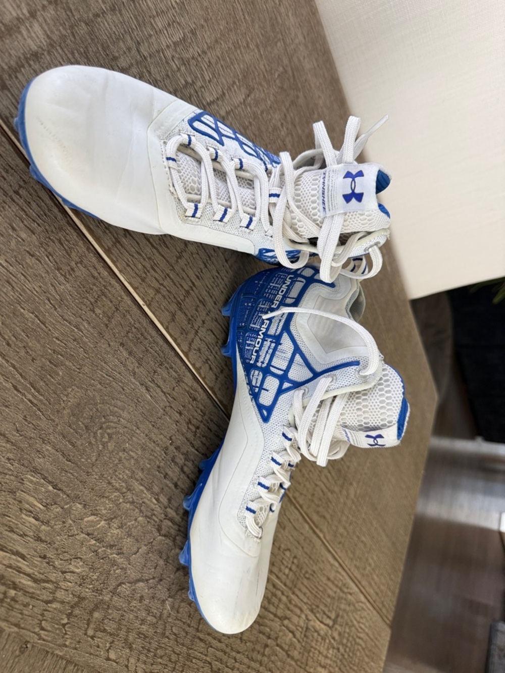 Under Armour White and Blue Athletic Football Cleats